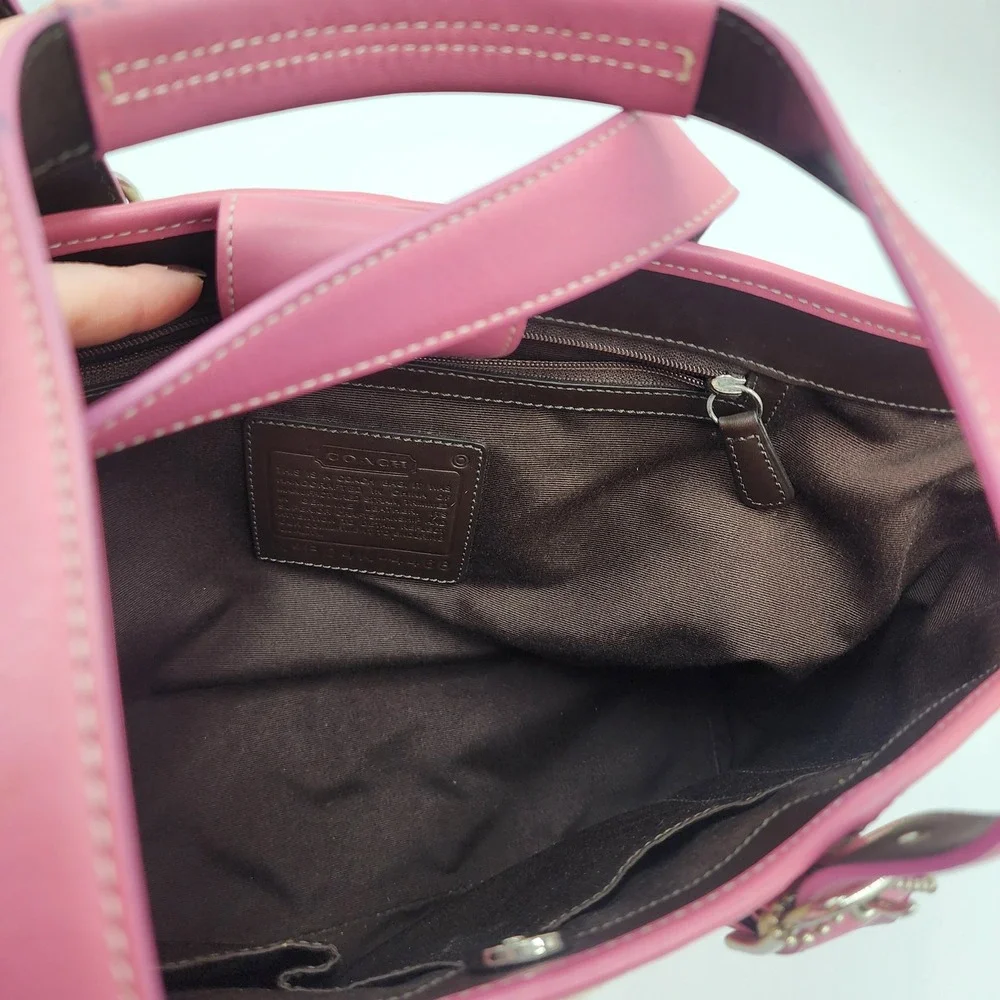 Y2K Coach Woven Straw Tote Bag Pink Leather Trim Buckle Preppy Shoulder Purse
